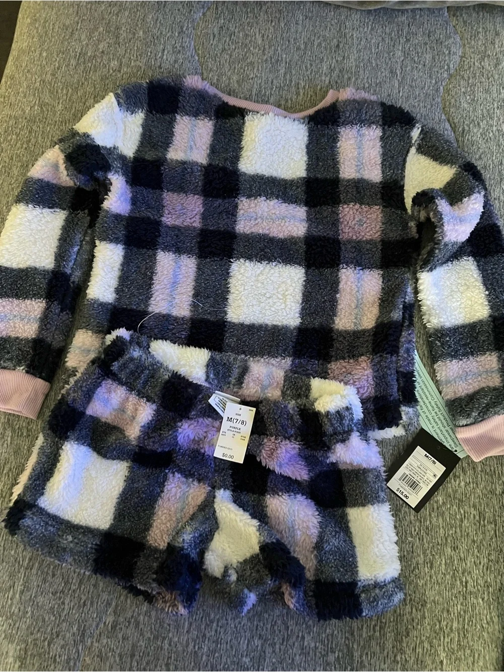 Cozy Plaid Kids Pajama Set - Purple, White & Black Size 7/8